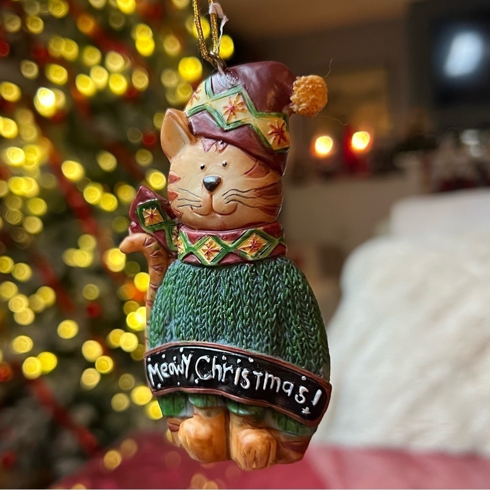 Meowy Christmas Cat Ornament Christmas Kitty Tabby Sweater Scarf Stocking Hat